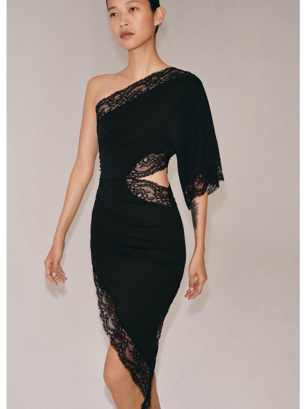Zara Black One-Shoulder Lace Cutout Dress